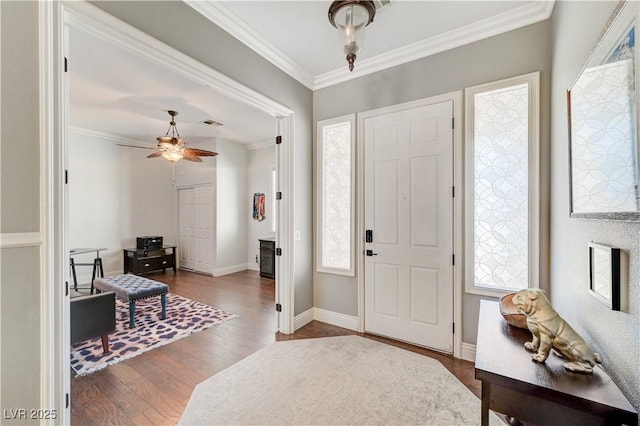 5913 Audria Falls Ave, Las Vegas, NV 89131 - foyer entrance featuring wood finished floors, a ceiling fan, and ornamental molding