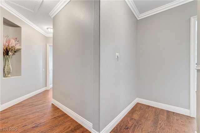5913 Audria Falls Ave, Las Vegas, NV 89131 - hall with wood finished floors, attic access, and crown molding