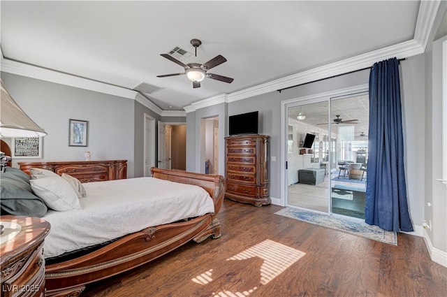 5913 Audria Falls Ave, Las Vegas, NV 89131 - bedroom with access to outside, ornamental molding, wood finished floors, and a ceiling fan