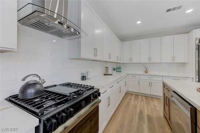 9632 Cherry Canyon Ave, Las Vegas, NV 89129 - kitchen featuring dishwasher, range hood, gas range oven, white cabinets, and recessed lighting