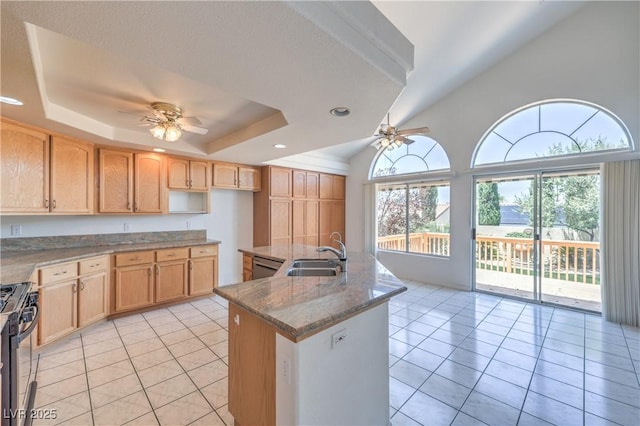 2728 Aspen Wood Ave, Henderson, NV 89074 - kitchen featuring ceiling fan, stainless steel appliances, a raised ceiling, light brown cabinetry, and recessed lighting