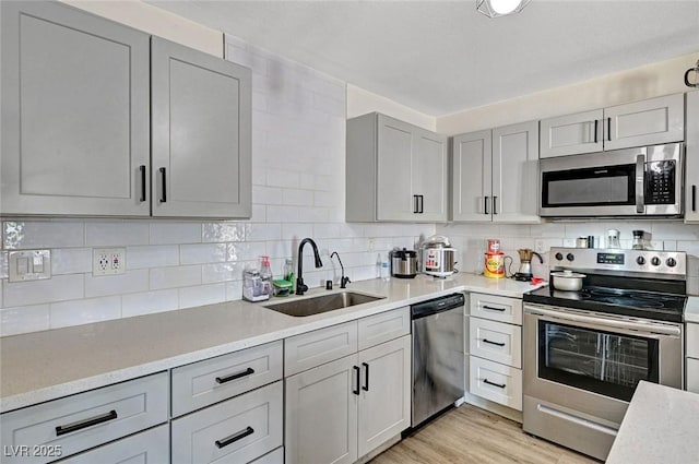 1804 David Ave, Las Vegas, NV 89101 - kitchen featuring appliances with stainless steel finishes, gray cabinets, light countertops, and light wood-style floors