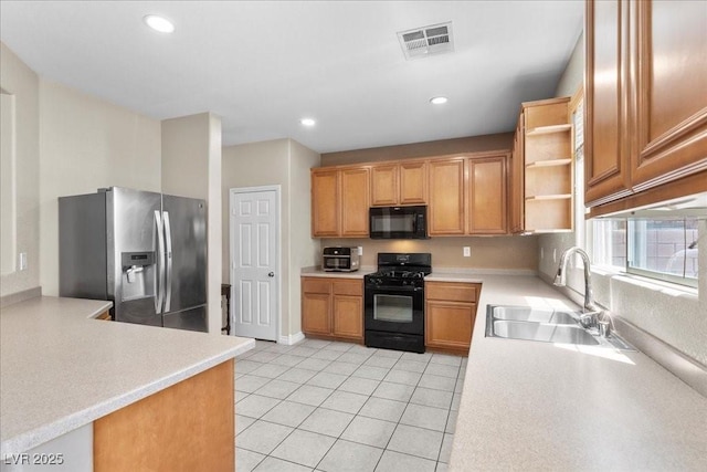 7818 Brodie Castle Ct, Las Vegas, NV 89166 - kitchen featuring black appliances, open shelves, light countertops, light tile patterned flooring, and recessed lighting