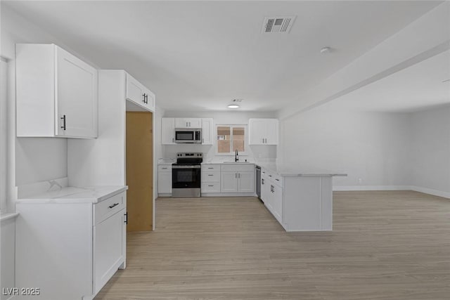 2005 Jansen Ave, Las Vegas, NV 89101 - kitchen featuring appliances with stainless steel finishes, a peninsula, white cabinetry, light wood-style flooring, and open floor plan