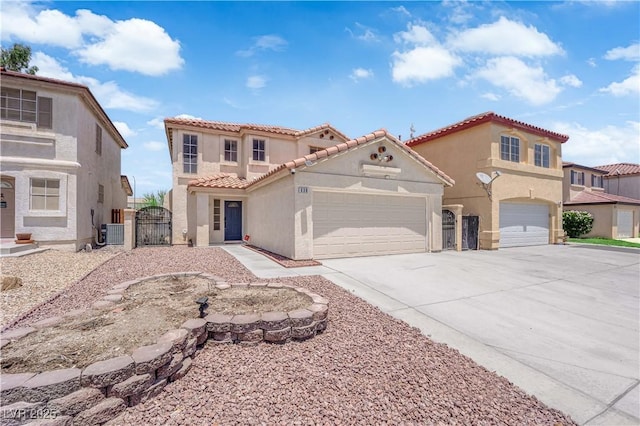 638 Ribbon Grass Ave, Las Vegas, NV 89183 - mediterranean / spanish-style home with stucco siding, a gate, a tile roof, concrete driveway, and an attached garage