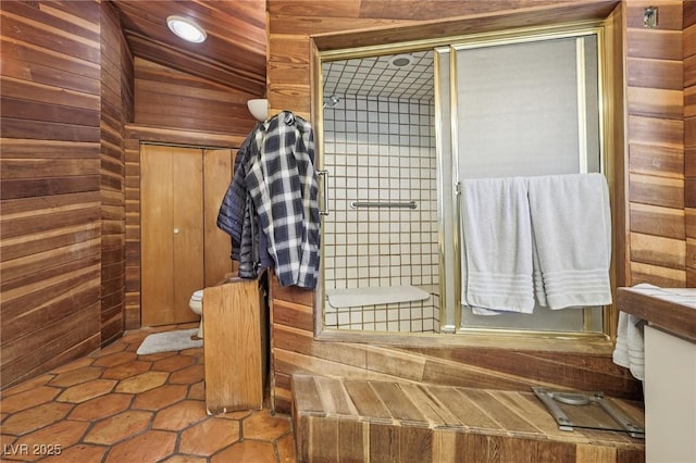 55 Siddall Ave, Las Vegas, NV 89183 - bathroom featuring wood walls, lofted ceiling, and tile patterned flooring
