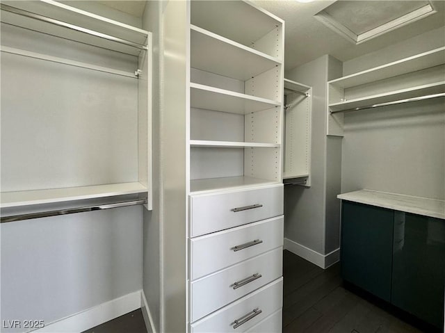 248 Crystal Rose Ct, Las Vegas, NV 89106 - walk in closet featuring attic access and dark wood-style flooring