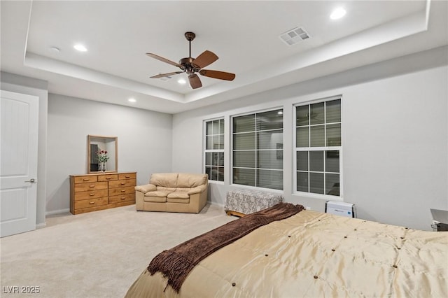 6315 Carol Butte Ct, Las Vegas, NV 89141 - bedroom featuring a tray ceiling, carpet flooring, recessed lighting, and a ceiling fan