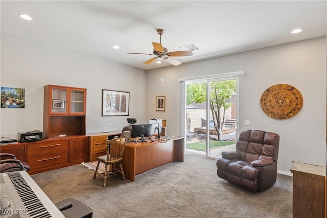 6315 Carol Butte Ct, Las Vegas, NV 89141 - home office with carpet, a ceiling fan, and recessed lighting