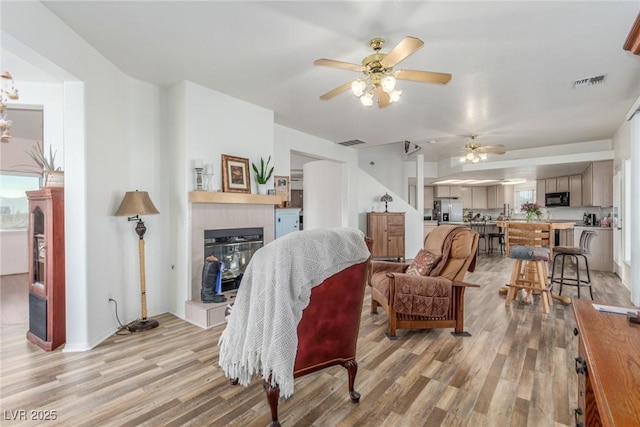 3821 Tumbleweed Ave, Pahrump, NV 89048 - living area with light wood-style floors, a ceiling fan, and a fireplace