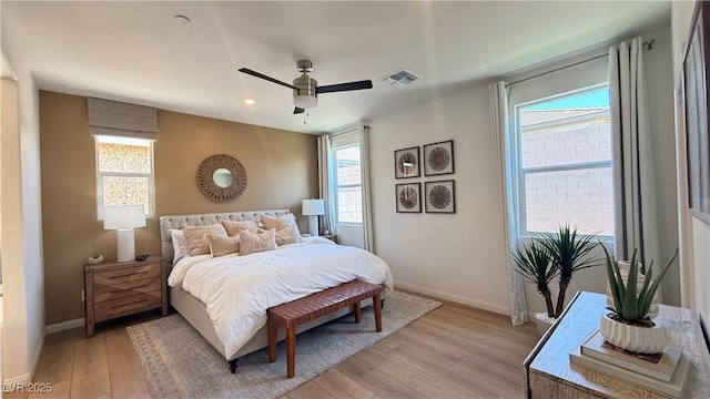 739 Wild Highlands Ln, Henderson, NV 89015 - bedroom featuring light wood-style flooring, a ceiling fan, and recessed lighting
