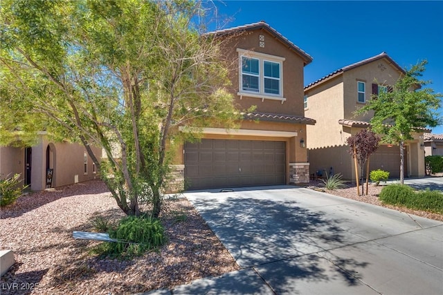 889 Harbor Ave, Henderson, NV 89002 - view of front of house with a garage, concrete driveway, stone siding, stucco siding, and a tile roof