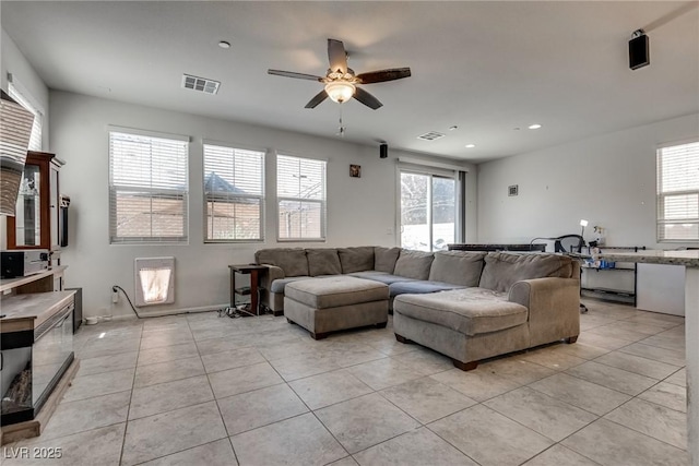 889 Harbor Ave, Henderson, NV 89002 - living area with a ceiling fan, light tile patterned floors, plenty of natural light, and recessed lighting