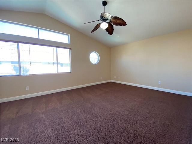 7604 Cruz Bay Ct, Las Vegas, NV 89128 - spare room featuring vaulted ceiling, a ceiling fan, and dark carpet