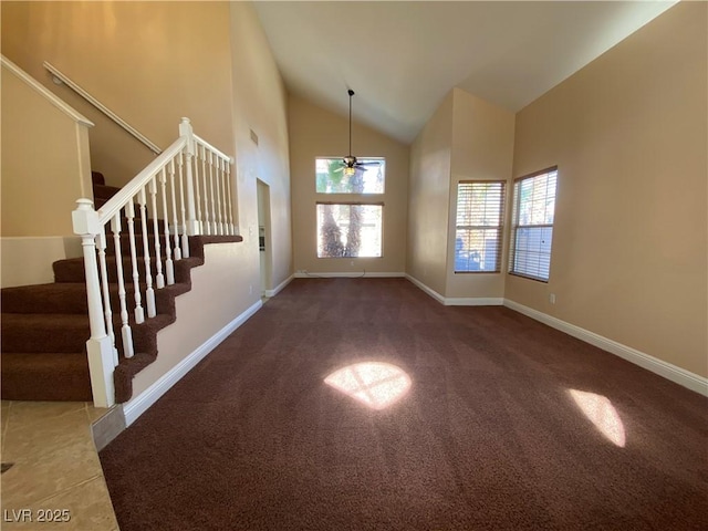 7604 Cruz Bay Ct, Las Vegas, NV 89128 - carpeted foyer with stairs, ceiling fan, and high vaulted ceiling