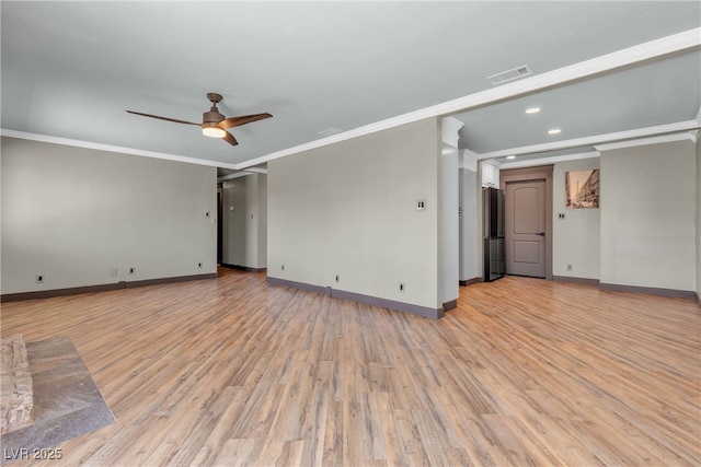 4272 Sheppard Dr, Las Vegas, NV 89121 - unfurnished living room with a ceiling fan, crown molding, light wood-type flooring, and recessed lighting