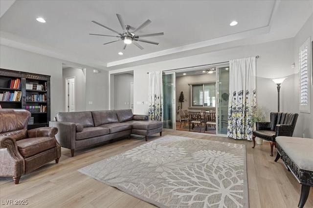 251 Castellari Dr, Las Vegas, NV 89138 - living area featuring a raised ceiling, a ceiling fan, light wood-type flooring, and recessed lighting