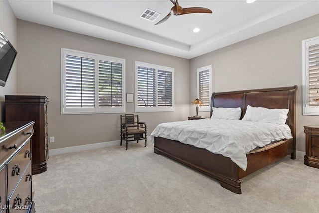 251 Castellari Dr, Las Vegas, NV 89138 - carpeted bedroom with multiple windows, a raised ceiling, recessed lighting, and ceiling fan
