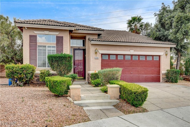 3200 Ridgecliff St, Las Vegas, NV 89129 - view of front of home with an attached garage, stucco siding, driveway, and a tile roof