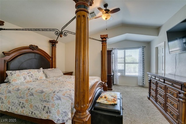 6109 Sandstone Mesa Dr, Las Vegas, NV 89130 - bedroom featuring lofted ceiling, carpet floors, decorative columns, and ceiling fan
