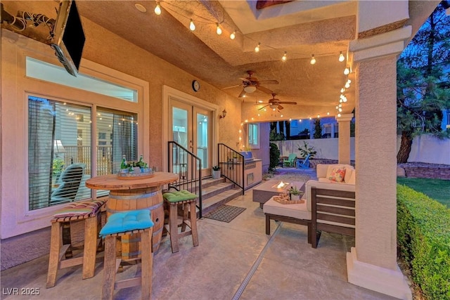 4651 Munich Ct, Las Vegas, NV 89147 - view of patio / terrace with an outdoor hangout area, outdoor dining space, french doors, and a ceiling fan
