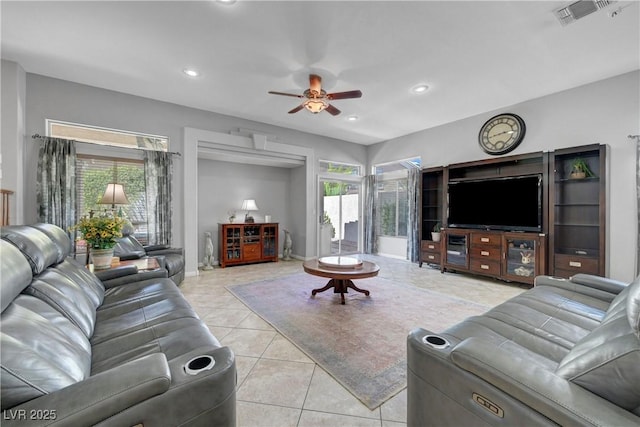 4651 Munich Ct, Las Vegas, NV 89147 - living area featuring ceiling fan, light tile patterned floors, and recessed lighting