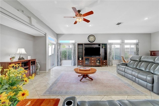 4651 Munich Ct, Las Vegas, NV 89147 - living area with ceiling fan, plenty of natural light, light tile patterned floors, and recessed lighting