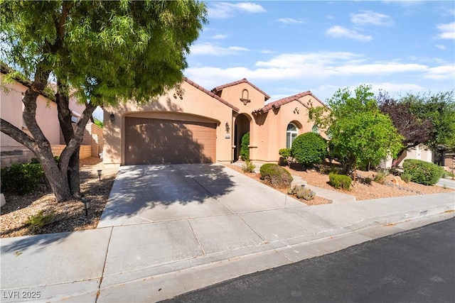 12276 Caminita Pl, Las Vegas, NV 89138 - mediterranean / spanish house featuring stucco siding, a tiled roof, concrete driveway, and a garage
