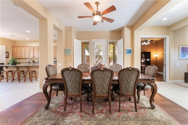 12276 Caminita Pl, Las Vegas, NV 89138 - dining space featuring a ceiling fan, wood finished floors, and recessed lighting