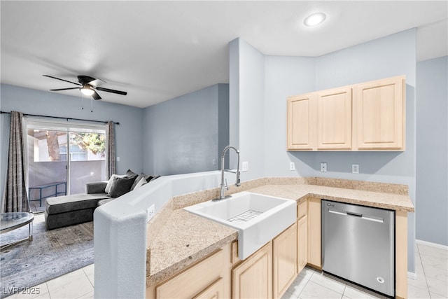 109 Breezy Tree Ct Unit 202, Las Vegas, NV 89145 - kitchen with dishwasher, light brown cabinets, ceiling fan, open floor plan, and light countertops