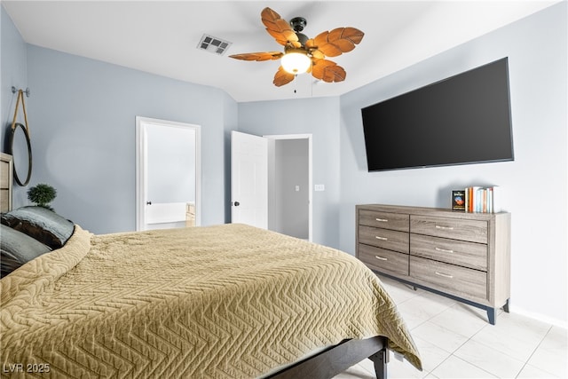 109 Breezy Tree Ct Unit 202, Las Vegas, NV 89145 - bedroom with a ceiling fan, light tile patterned flooring, and ensuite bath