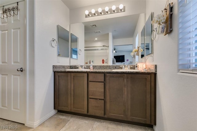 1200 Mission View Ct, Henderson, NV 89002 - bathroom featuring double vanity, ceiling fan, and a shower with door