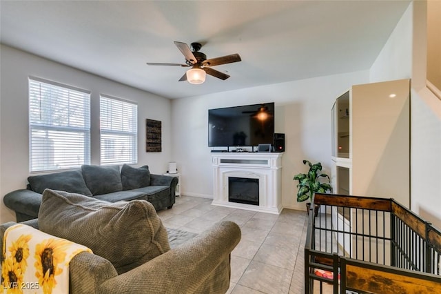 1200 Mission View Ct, Henderson, NV 89002 - living area featuring a ceiling fan, light tile patterned floors, and a glass covered fireplace