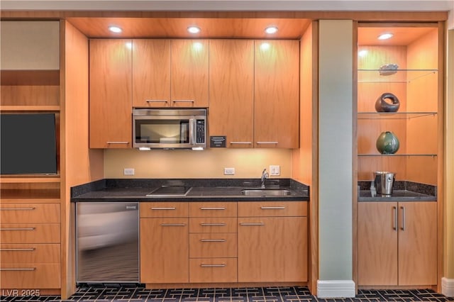 2000 Fashion Show Dr Unit 4105-4106, Las Vegas, NV 89109 - kitchen with stainless steel microwave, black electric stovetop, dark stone countertops, beverage cooler, and recessed lighting