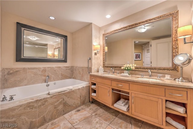 2000 Fashion Show Dr Unit 4105-4106, Las Vegas, NV 89109 - full bathroom featuring double vanity, a garden tub, and recessed lighting