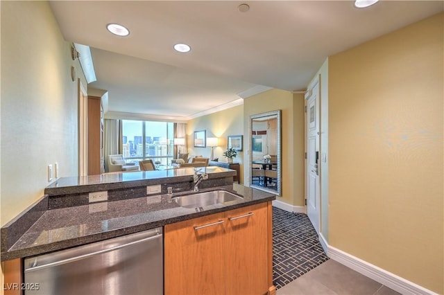 2000 Fashion Show Dr Unit 4105-4106, Las Vegas, NV 89109 - kitchen featuring dishwasher, open floor plan, dark stone counters, recessed lighting, and crown molding