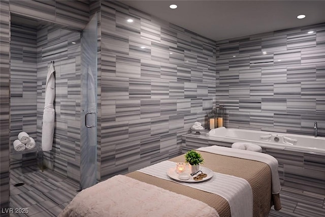 2000 Fashion Show Dr Unit 4105-4106, Las Vegas, NV 89109 - bedroom featuring tile walls and recessed lighting