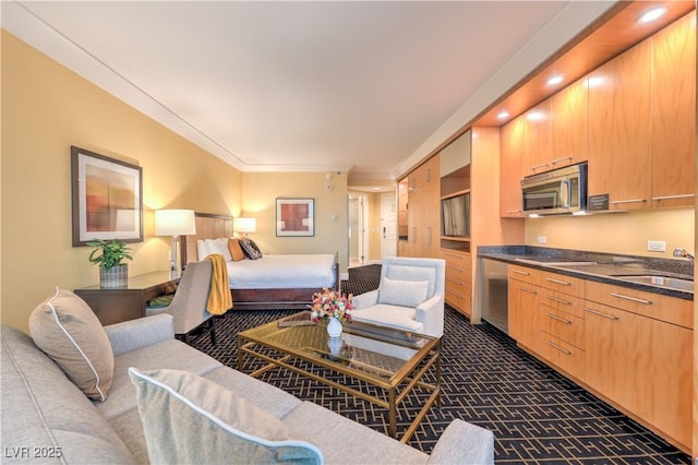 2000 Fashion Show Dr Unit 4105, Las Vegas, NV 89109 - living room featuring dark carpet, recessed lighting, and crown molding