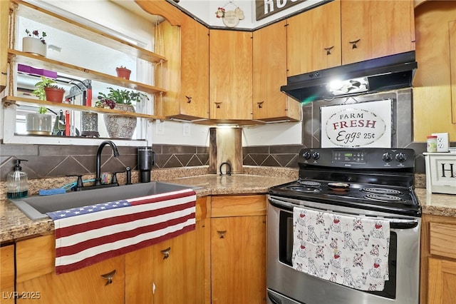 517 5th St, Boulder City, NV 89005 - kitchen with stainless steel electric range oven, open shelves, ventilation hood, and decorative backsplash