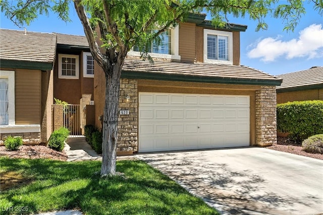 620 Painted Cloud Pl, Las Vegas, NV 89144 - view of front of house with stone siding, an attached garage, concrete driveway, and stucco siding