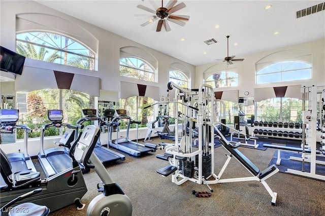 2050 W Warm Springs Rd Unit 4512, Henderson, NV 89014 - exercise room featuring a ceiling fan, plenty of natural light, a high ceiling, and recessed lighting
