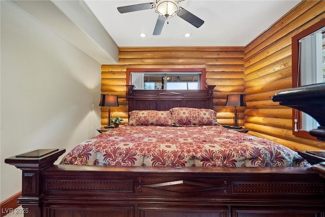 401 Alpine Way, Mount Charleston, NV 89124 - bedroom featuring rustic walls, recessed lighting, and ceiling fan