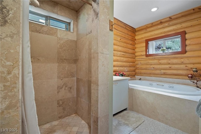 401 Alpine Way, Mount Charleston, NV 89124 - full bathroom featuring a garden tub, a tile shower, log walls, and vanity