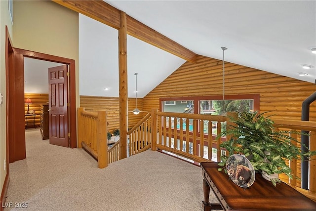 401 Alpine Way, Mount Charleston, NV 89124 - corridor with rustic walls, carpet, and an upstairs landing