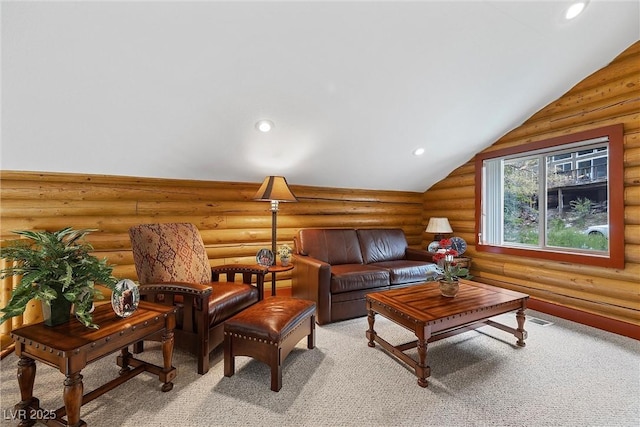401 Alpine Way, Mount Charleston, NV 89124 - living room with rustic walls, lofted ceiling, and recessed lighting