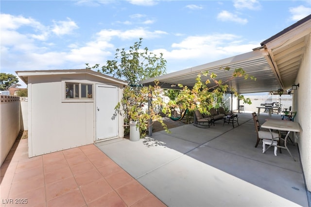 1723 Candice St, Las Vegas, NV 89156 - view of patio featuring a storage unit, a pergola, and an outdoor living space