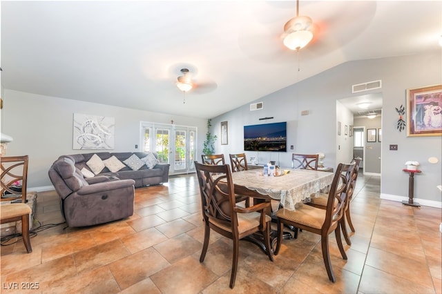 1723 Candice St, Las Vegas, NV 89156 - dining area with a ceiling fan, lofted ceiling, light tile patterned floors, and french doors
