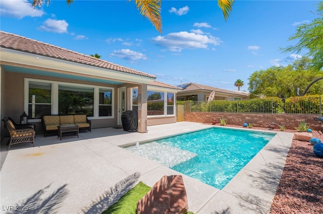 10331 Rio De Thule Ln, Las Vegas, NV 89135 - view of swimming pool featuring a patio area, an outdoor hangout area, a fenced backyard, and a grill