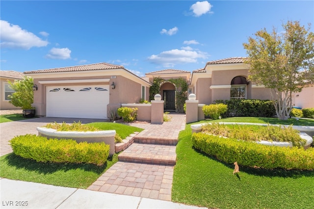 10331 Rio De Thule Ln, Las Vegas, NV 89135 - mediterranean / spanish house featuring stucco siding, driveway, a tiled roof, and an attached garage
