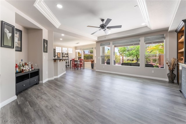 10331 Rio De Thule Ln, Las Vegas, NV 89135 - unfurnished living room featuring a raised ceiling, ornamental molding, ceiling fan, a dry bar, and dark wood-type flooring